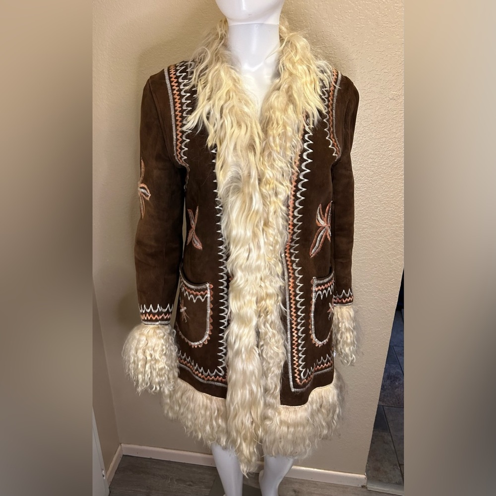 Vintage 70s Afghan Coat Jacket Sheepskin Embroidered Penny Lane Almost Famous SM